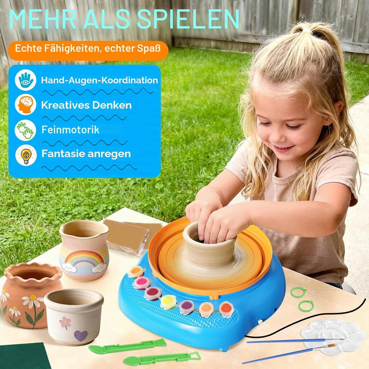 Töpferscheibe Kinder elektrisch,Töpferset 6-12 Jahre mit Ton | Komplettes DIY-Bastelset mit 3x luftt