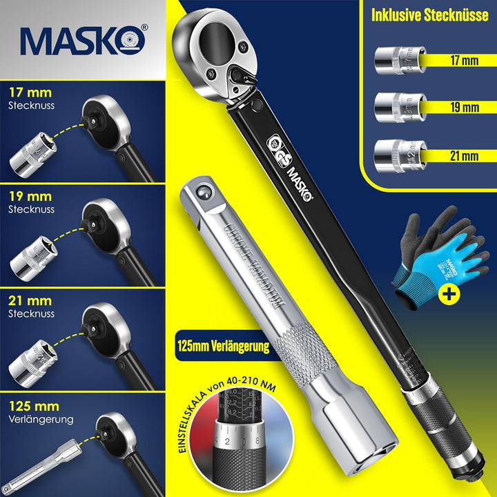 MASKO® Drehmomentschlüssel 6tlg. Set 40-210Nm 1/2' CV inkl. 3 Stecknüsse 17mm 19mm 21mm & Verlängeru