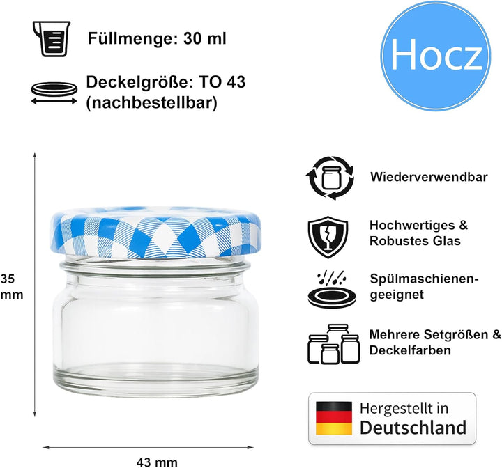 hocz 50x Mini Marmeladengläser 30 ml | mit Deckel Blau Kariert TO 43 | kleine Einmachgläser mit Schr