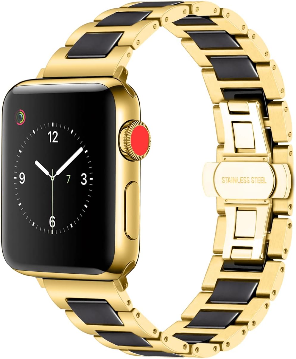 YISIWERA 38mm 40mm 41mm Armband Kompatibel für Apple Watch Schwarz Keramik Gold Metall Armband 49mm