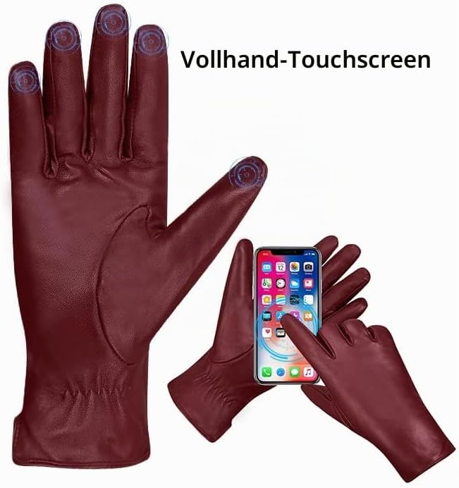MGGMOKAY Damen Lederhandschuhe Kaschmir gefüttert, S Weinrot(thouchscreen)