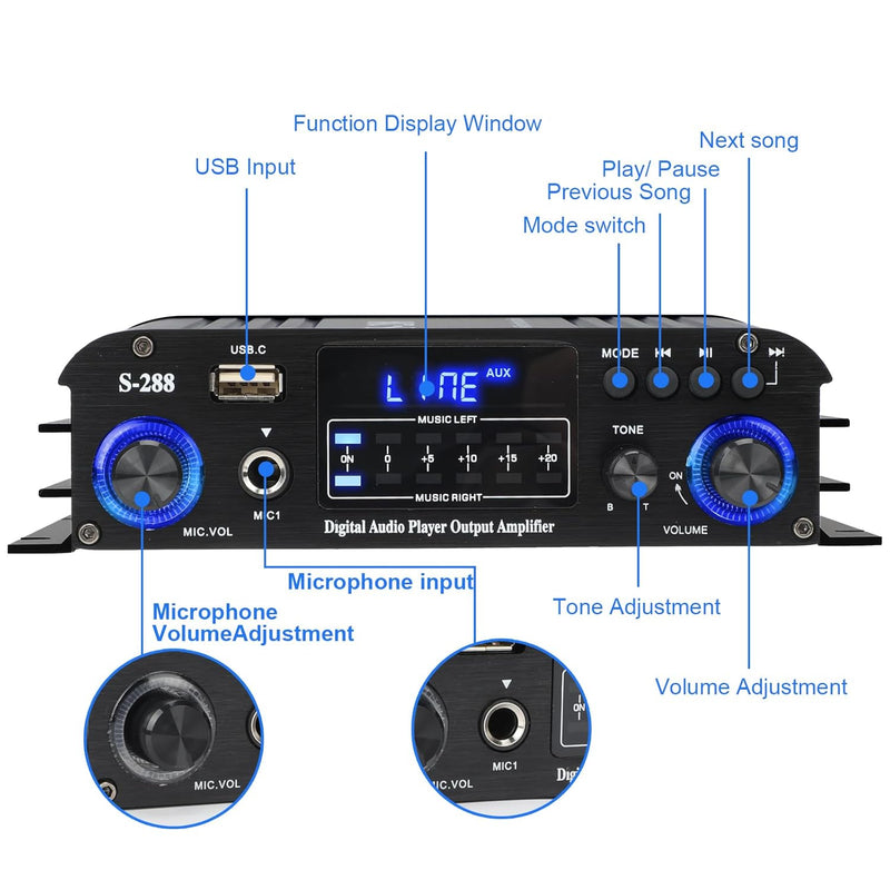 4 Kanal Mini Verstärker, 1200 W HiFi-Verstärker, Bluetooth 5.0-Stereoverstärker, UKW-Radio, tragbare