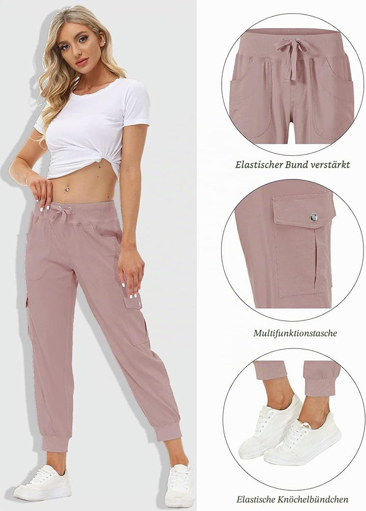 JINSHI Hosen Damen Cargohose Lange Capri Freizeithose Outdoor Jogginghose High Waist mit Kordelzug X