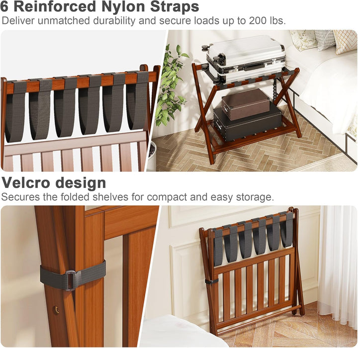 2er Set Bambus Gepäckablage für Gästezimmer, 26,77" Klappbarer Kofferständer mit Ablagefach, Verstär