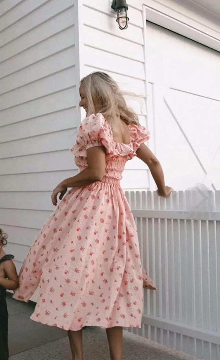 R.Vivimos Damen Casual A-Line Print Vierkant Puff Ärmel Kleid Saum Hohe Taille Midi Fitted Kleid Ber