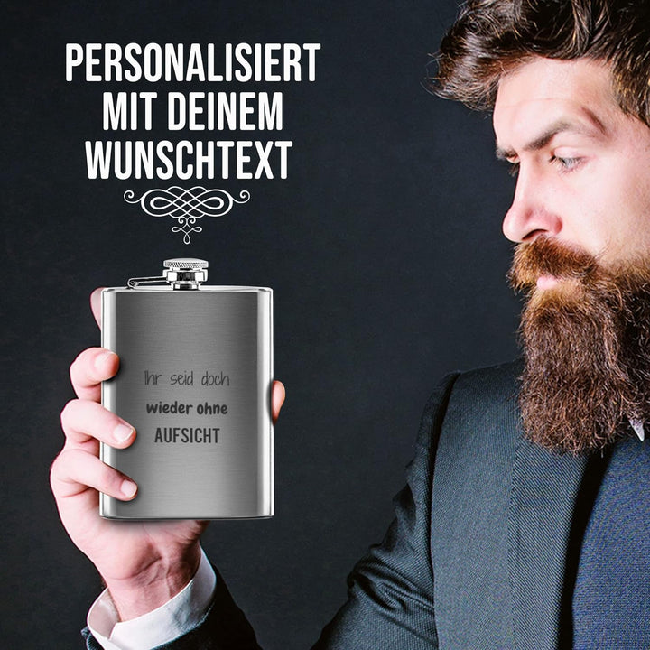 Flachmann mit Gravur aus Edelstahl selbst gestalten - mit Wunschtext gravieren - Geschenkidee für Fr