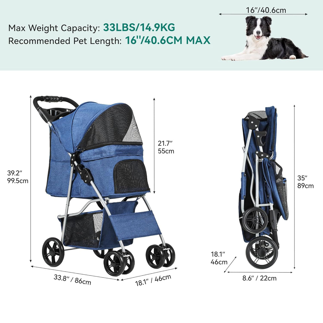 YITAHOME Hundewagen Haustiere Buggy bis 15kg, Hundebuggy mit Netzfenstern & Getränkehalter & Ablagek
