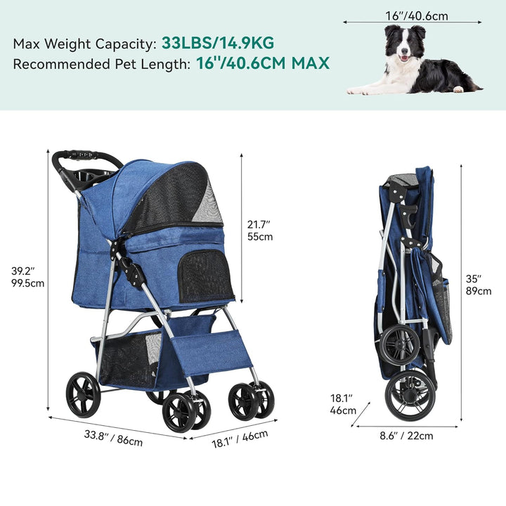 YITAHOME Hundewagen Haustiere Buggy bis 15kg, Hundebuggy mit Netzfenstern & Getränkehalter & Ablagek