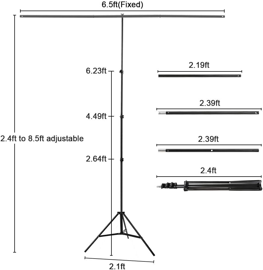 Hintergrundständer T Form 2 x 2,6 m Verstellbarer Hintergrundständer mit DREI Abschnitte Querstange