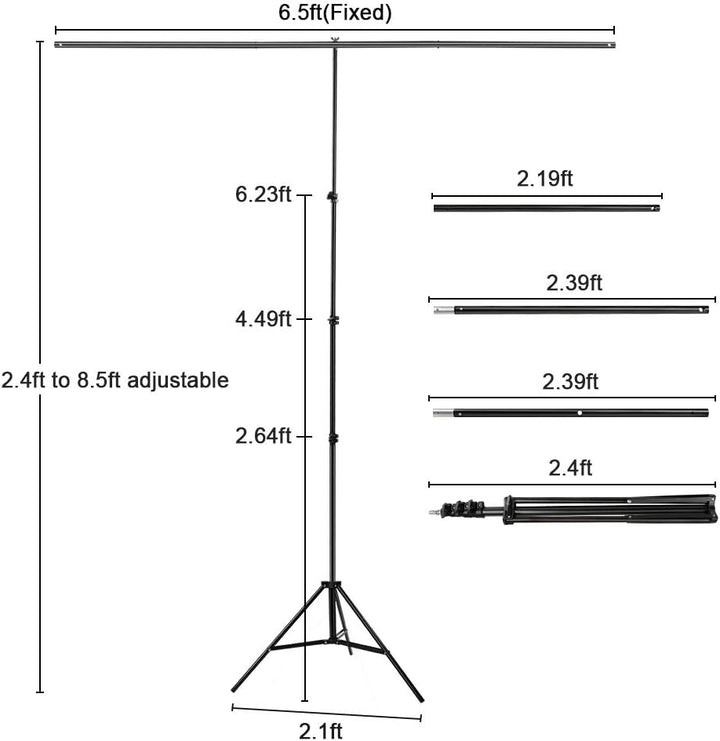 Hintergrundständer T Form 2 x 2,6 m Verstellbarer Hintergrundständer mit DREI Abschnitte Querstange
