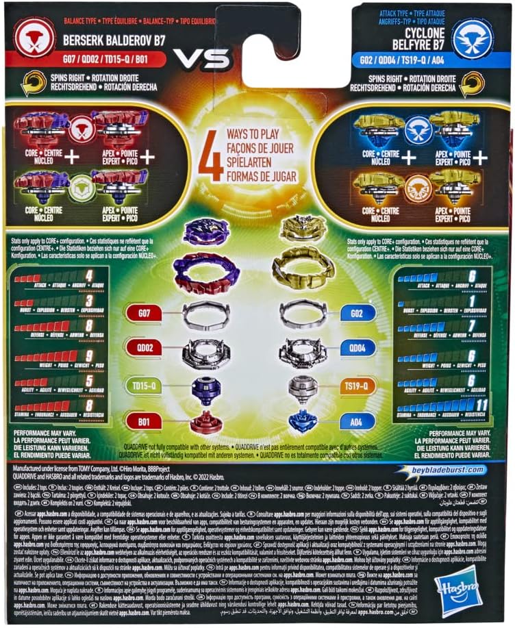 Beyblade Burst QuadDrive Berserk Balderov B7 und Cyclone Belfyre B7 Doppelpack − Battle Kreisel Mult