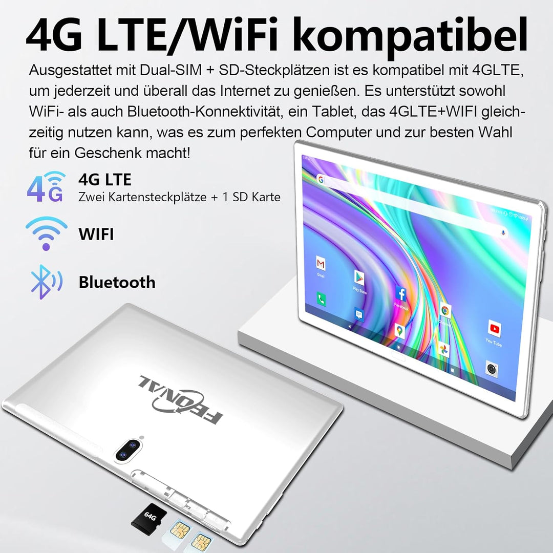 2024 Neueste Tablet 10 Zoll Android 13, 4G LTE Tablets Mit 2 SIM 1 SD, 3-in-1 Tablet Mit Tastatur Ma