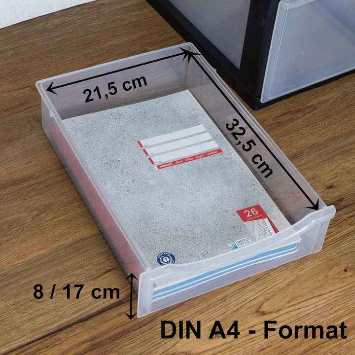 Hummelladen Schubladenbox DIN A4 mit 2 hohen Schubladen 34,5x26x39 cm - schwarz-transparent Kunststo