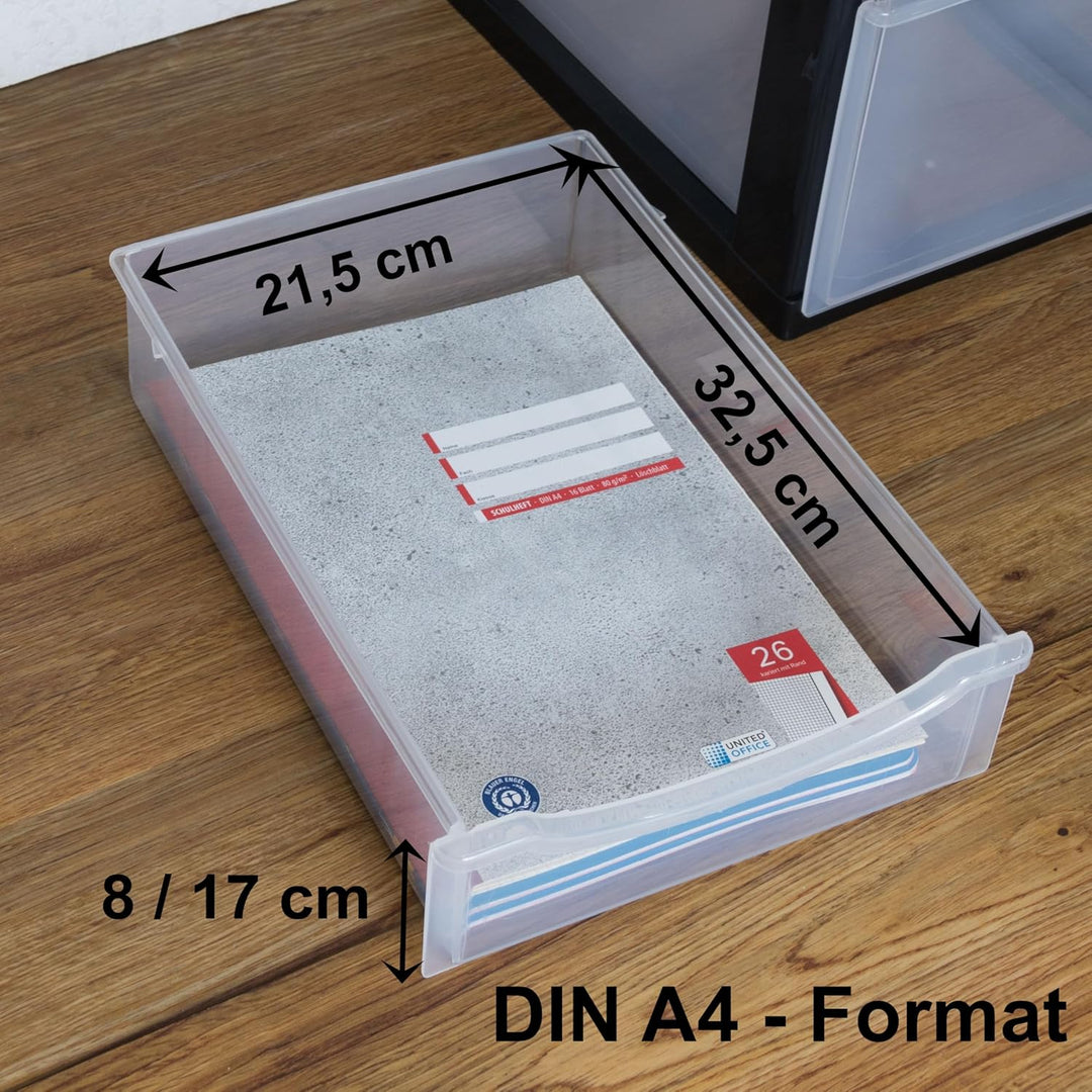 Hummelladen Schubladenbox DIN A4 mit 4 Schubladen 34,5x26x39 cm - schwarz-transparent Kunststoff Dra