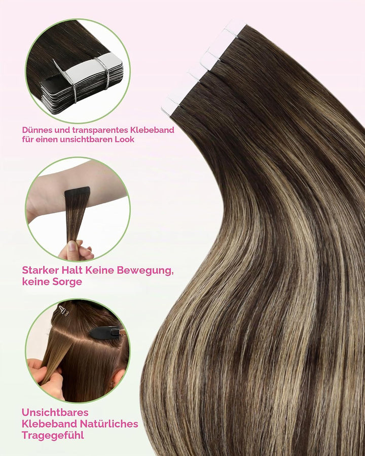 YoungSee Tape in Extensions Echthaar Ombre Echthaar Extensions Tape 50cm Dunkelbraun Balayage Blond