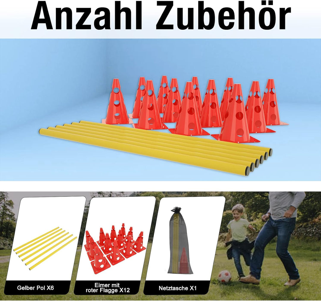 Steckhürdenset 6er mit 12 Rot Kegel und 6 Gelb Stangen,Höhenverstellbar Agility Training für Kinder