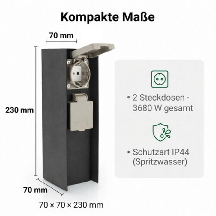 LED Universum Gartensteckdose aus Edelstahl, IP44 für aussen, 23cm (Anthrazit 2-fach), Anthrazit 2-f