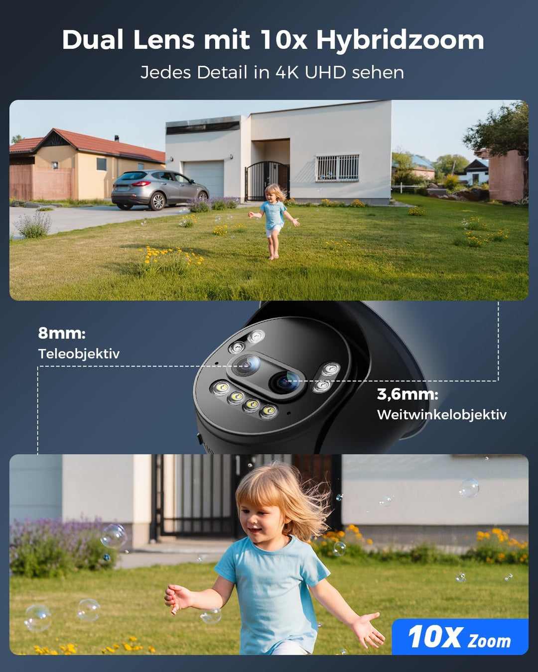 Ctronics 4K 10X Hybrid Zoom Überwachungskamera Aussen mit Auto Zoom-Tracking, WLAN Kamera Outdoor Pe