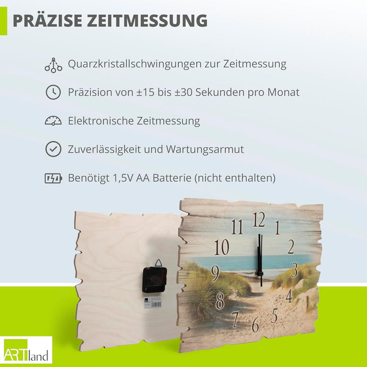 ARTLAND Wanduhr ohne Tickgeräusche aus Holz Quarz Uhr lautlos 40x30 cm Rechteckig Wald Landschaft Na