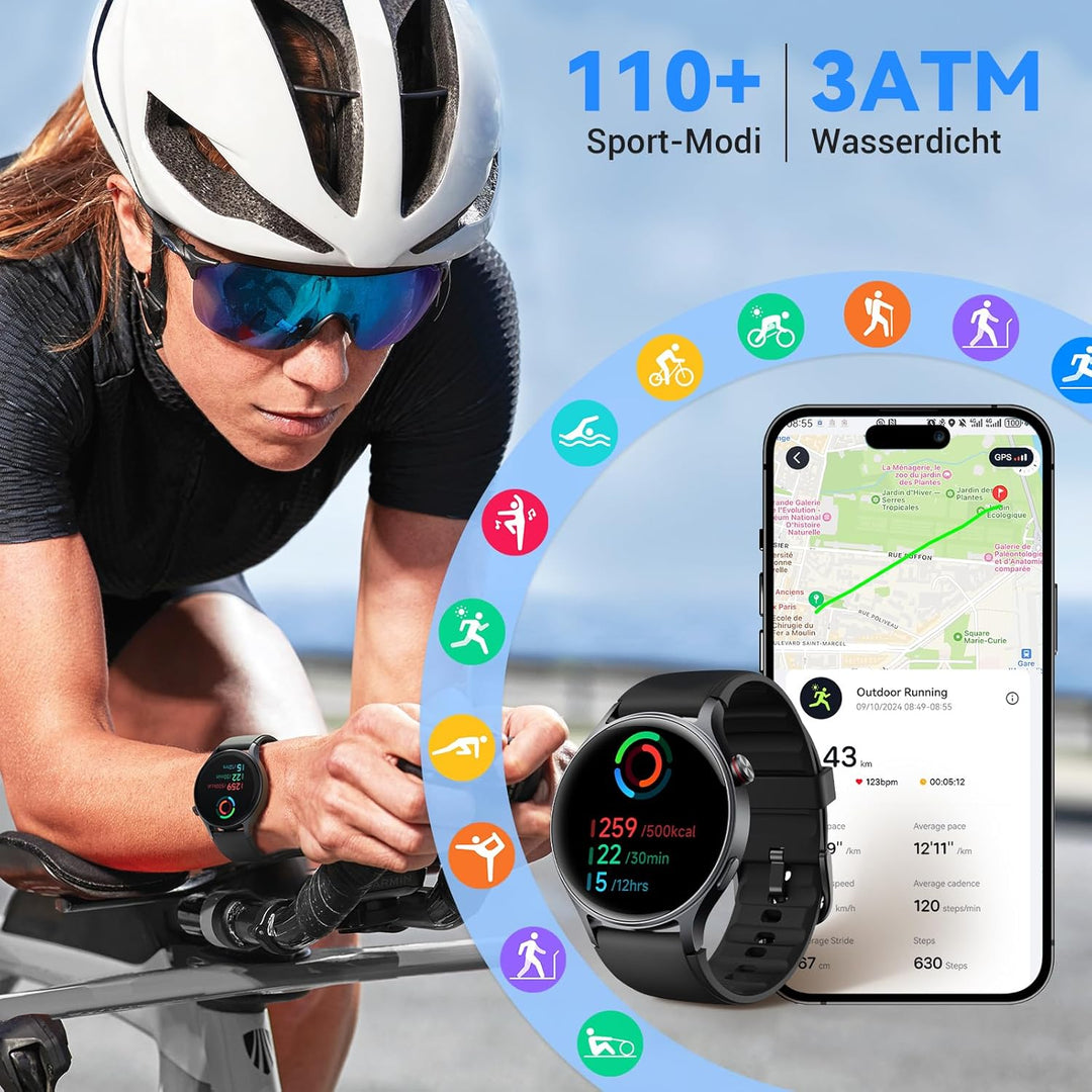 Smartwatch Herren Rund mit Telefonfunktion- 1.32" AMOLED Display, Fitnessuhr mit 110+ Sportmodi &3AT