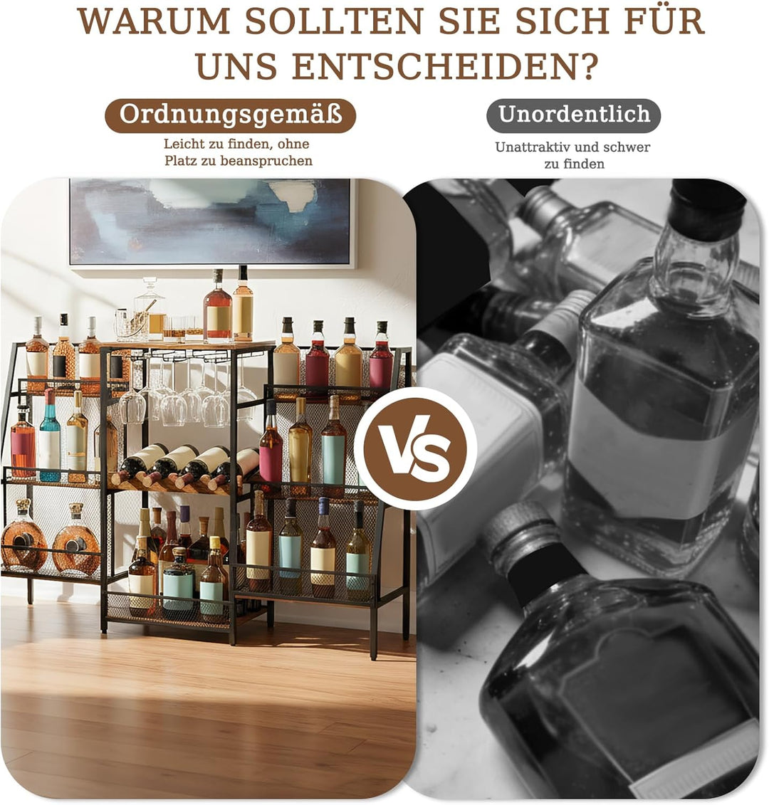 8-Tier Abgestufte Liquor Cabinet Mini Bar, Freistehendes Weinregal mit Geländer und Glashalter, Meta