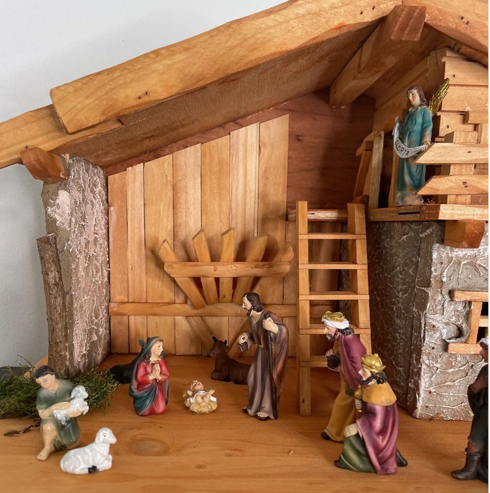 Handgefertigte Weihnachtskrippe aus Holz mit handbemalten Figuren I Tisch Krippe I Weihnachten I Grö