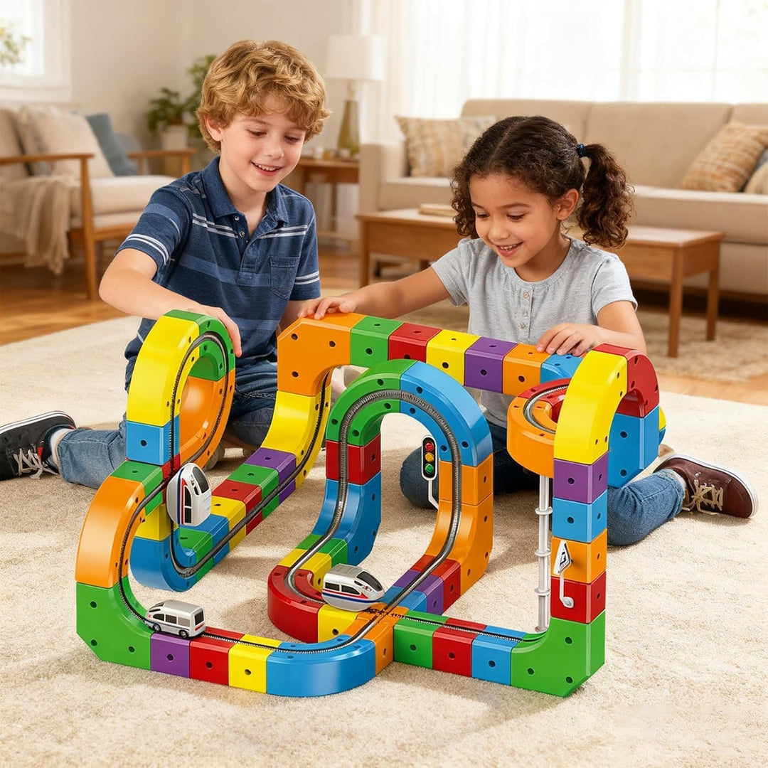 81 stück Clickrail Electric Train Set Flexible Rennstrecke, DIY Cube Track Block Zug mit Schwerkraft
