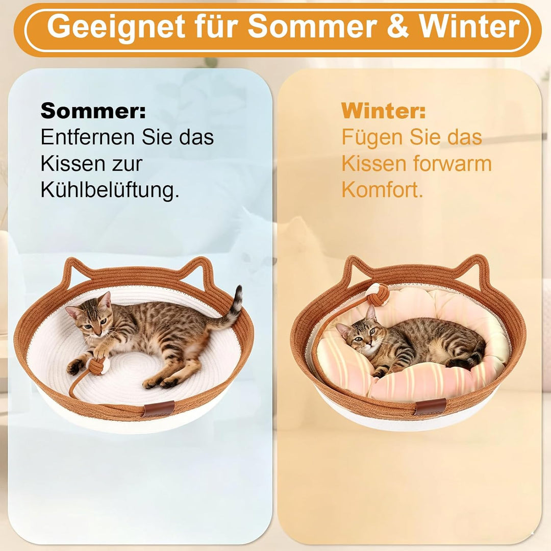 Katzenbett mit Seilball, 46x46x16 cm Rundes Katzenkorb aus Baumwollseilen, Atmungsaktiv Waschbar Dri