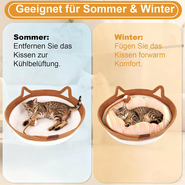 Katzenbett mit Seilball, 46x46x16 cm Rundes Katzenkorb aus Baumwollseilen, Atmungsaktiv Waschbar Dri