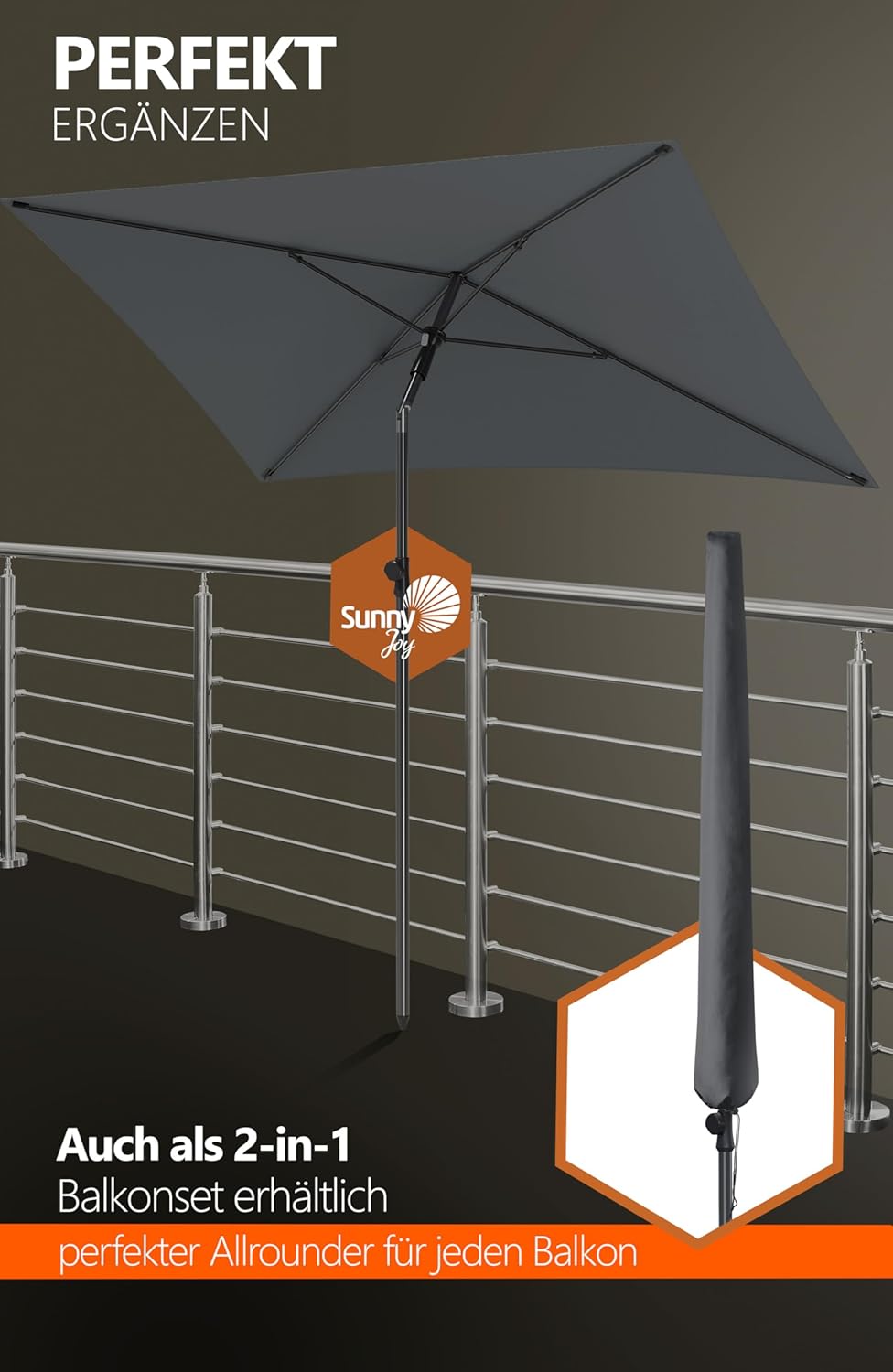 4smile Sonnenschirm Balkon SunnyShade Plus, mit Sonnenschirmhülle - Sonnnenschutz Balkon SET, Anthra