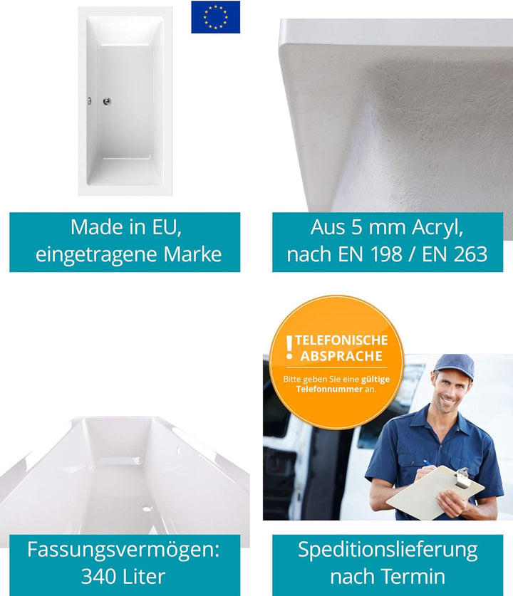 Calmwaters® Rechteck-Badewanne 200x90 cm, Acrylwanne Modern Square 2, Duo-Badewanne für zwei Persone