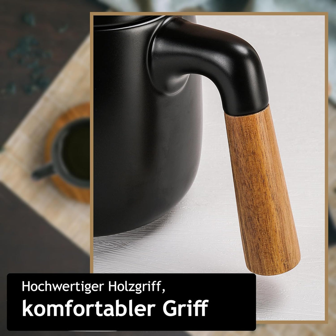 MIAMIO - 1 Liter Keramik-Teekanne-Set mit Siebeinsatz und Tassen/Teesieb, 4 Keramik-Teetassen (300 m