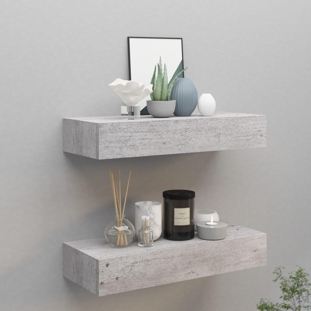 Schubladenregal 2 Pcs 60x23,5x10 cm MDF, Metall Betongrau Wandschrank Wandboard Mit Schublade Mit Sc