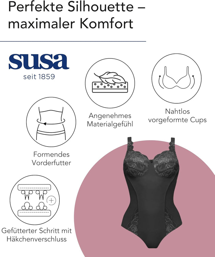 SUSA Body Damen ohne Bügel I Serie Latina I Modischer Body mit hübscher Spitze im Cup &amp; am Beinaussc