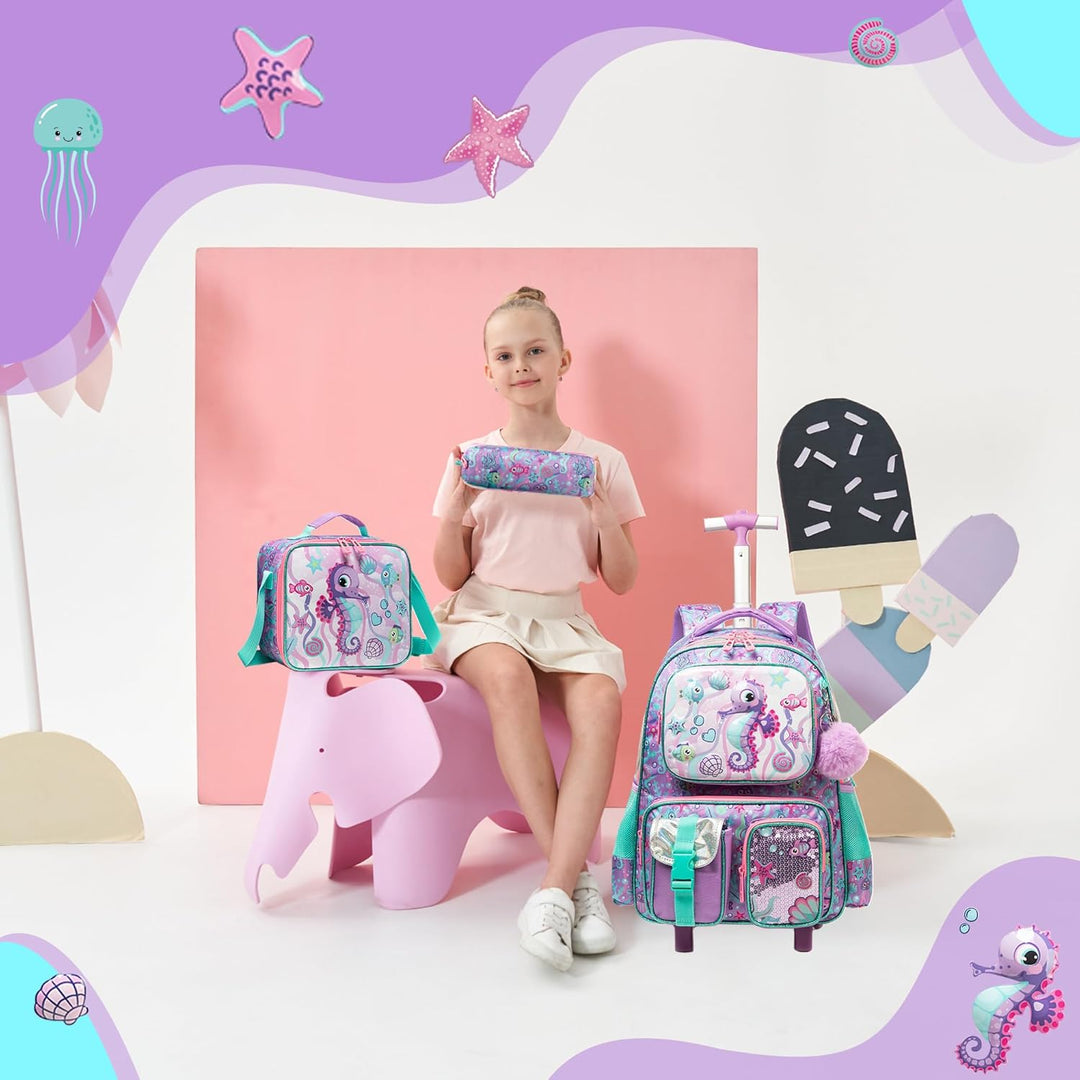 HTgroce Schulranzen Trolley Mädchen Meerjungfrau Rolling Backpack for Girls Einhorn Rucksack Mit Rol