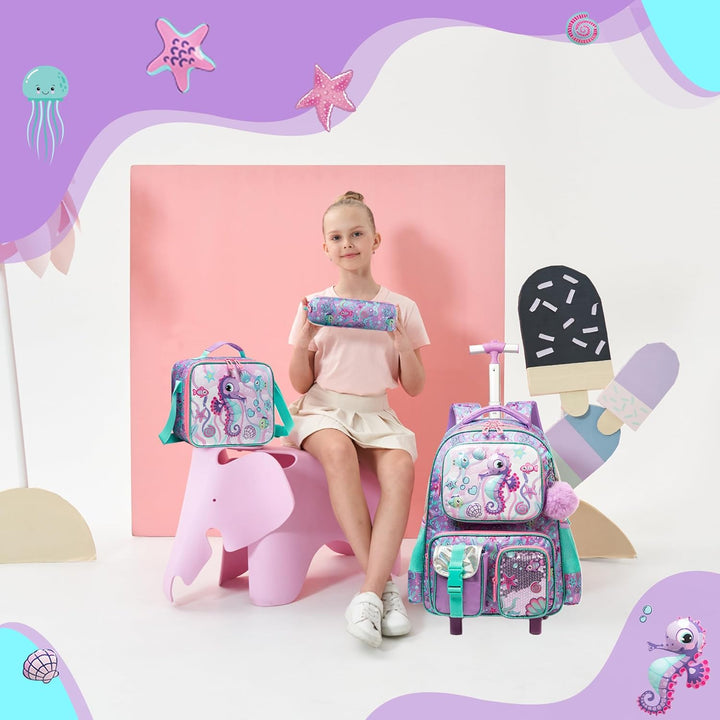 HTgroce Schulranzen Trolley Mädchen Meerjungfrau Rolling Backpack for Girls Einhorn Rucksack Mit Rol