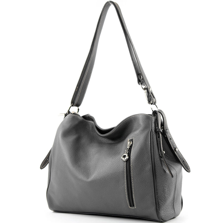 modamoda de - T119 - ital Schultertasche Umhängetasche aus Leder Dunkelgrau/Dunkelbraun2021, Dunkelg