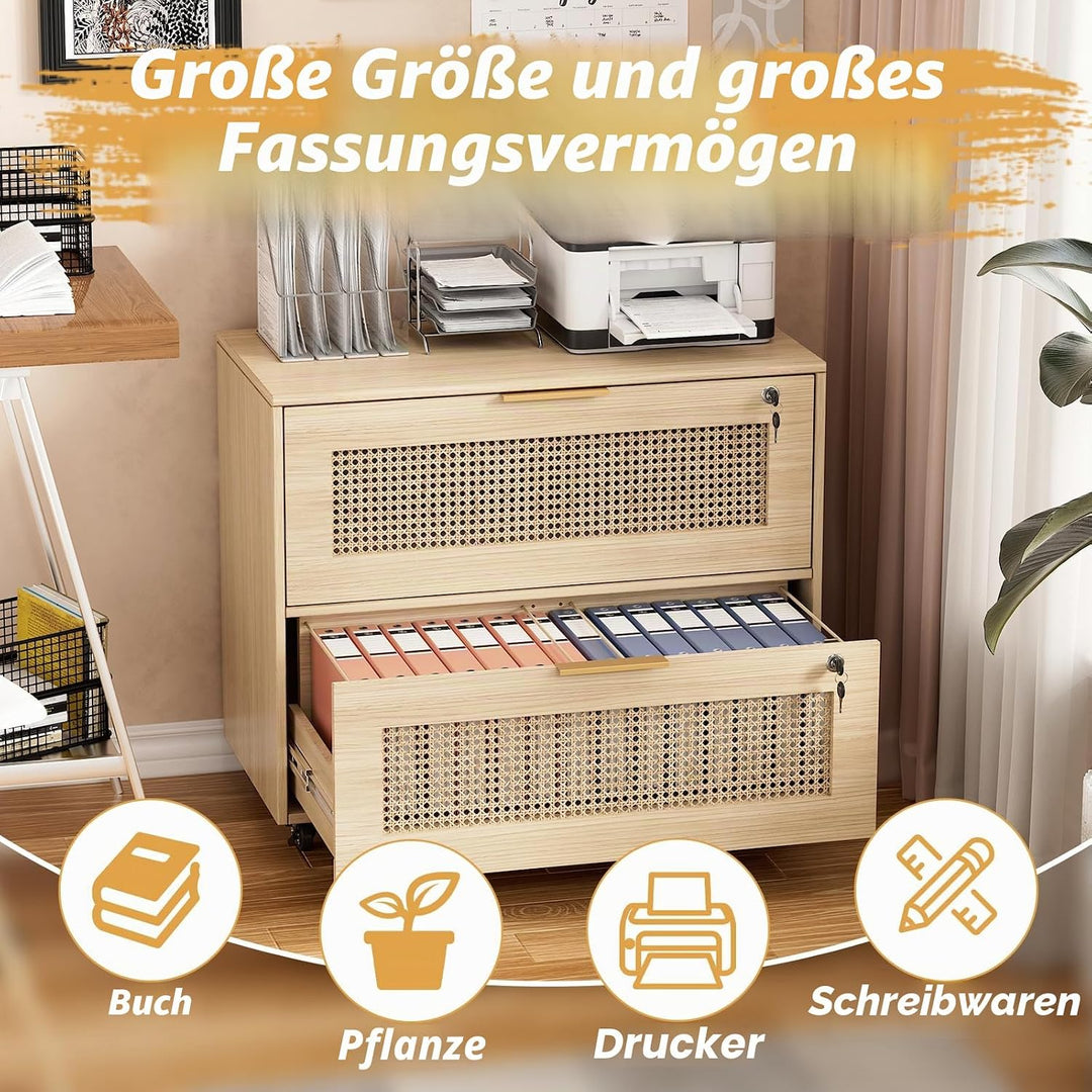 Rollcontainer Rattan, Büroschrank Abschliessbar, Mobiler Aktenschrank mit 4 Rollen, Ordnerschrank mi