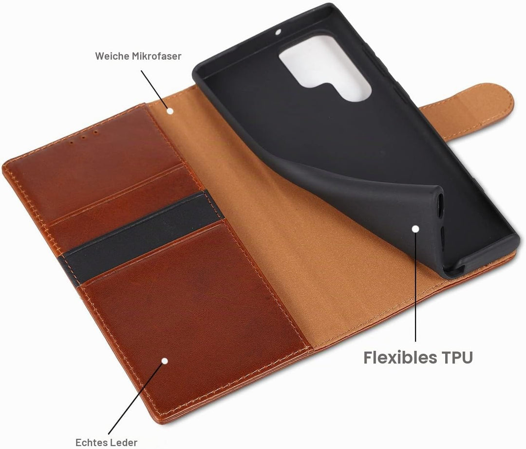 LENSUN Echtleder Hülle für Samsung Galaxy S22 Ultra, Handyhülle [Echtes Leder][Kartenfach][RFID Schu