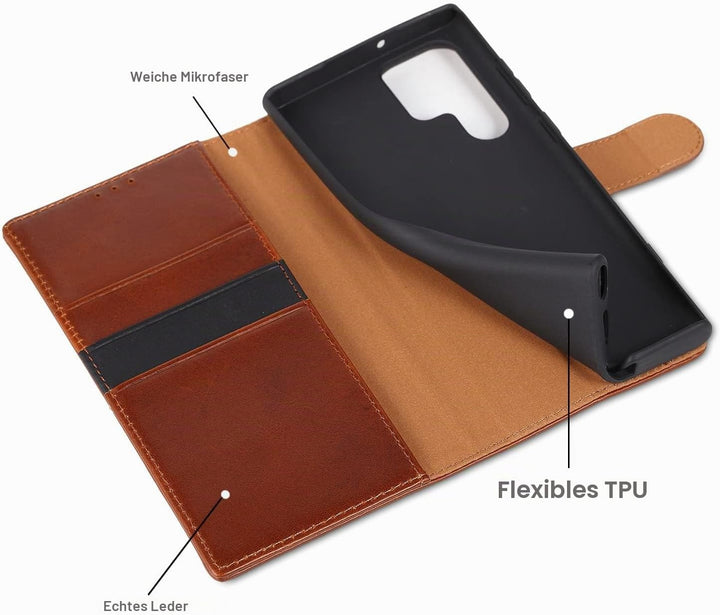 LENSUN Echtleder Hülle für Samsung Galaxy S22 Ultra, Handyhülle [Echtes Leder][Kartenfach][RFID Schu