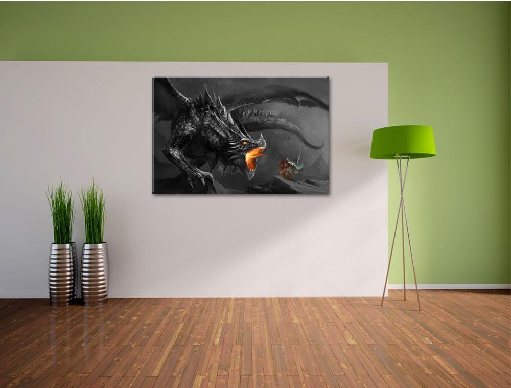 Pixxprint Kampf zwischen Mensch und Drache als Leinwandbild/Grösse: 100x70 cm/Wandbild/Kunstdruck/fe