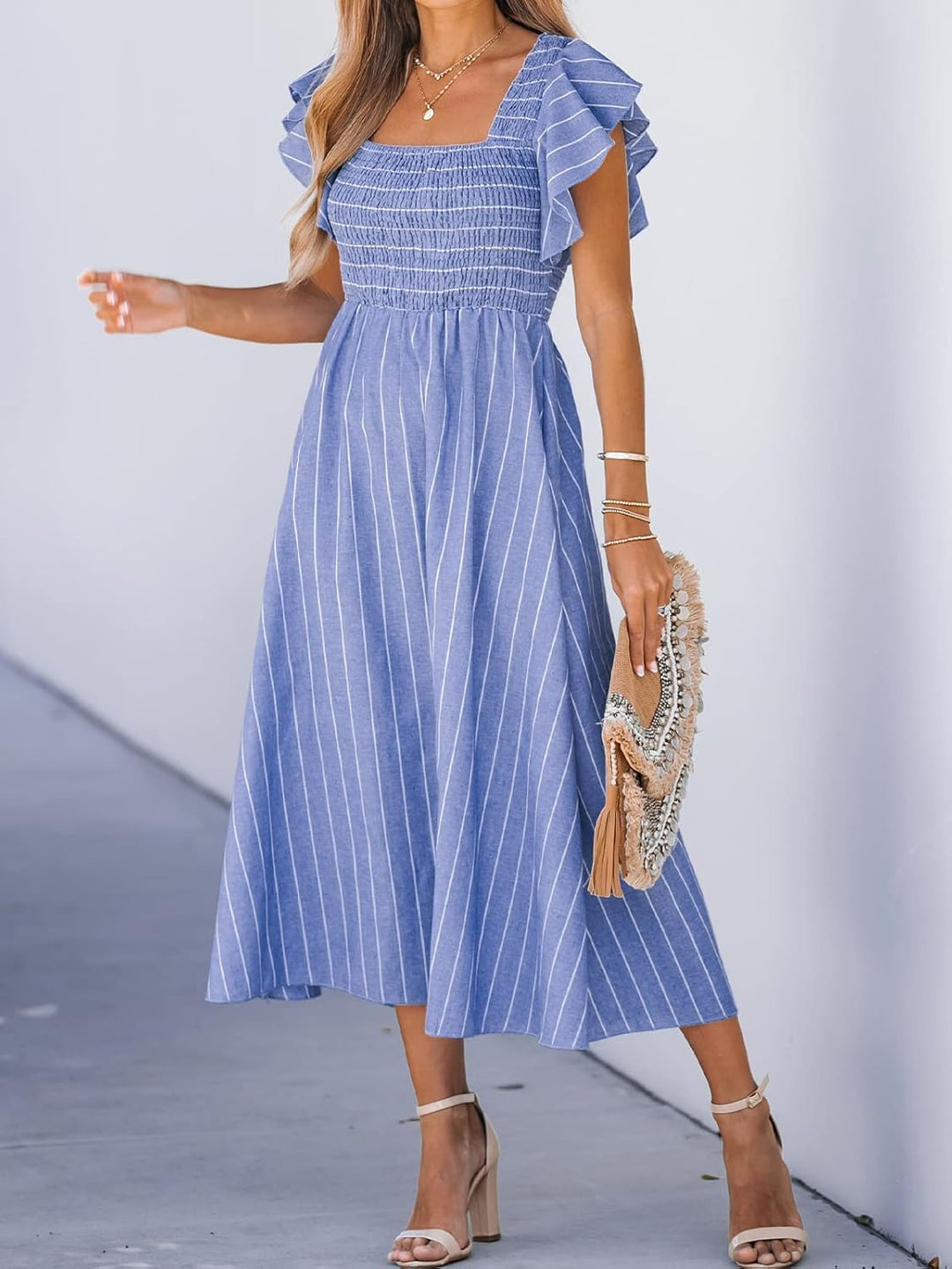 CUPSHE Damen Sommerkleid Quadratischer Ausschnitt Volantärmel Nadelstreifen A Linie Gesmoktes Maxikl