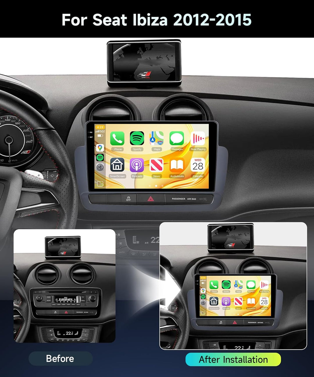 Rimoody 4G+64G Android Autoradio für Seat Ibiza 2012-2015 9 Zoll IN-Cell HD Wireless Carplay Autorad