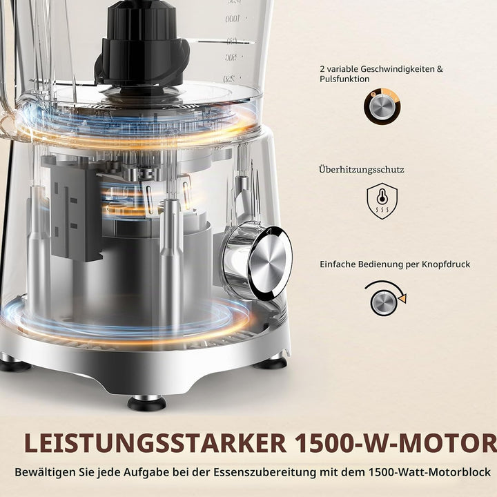 Küchenmaschine & Zerkleinerer 1500 W, 2,5L, Food Processor mit 2L Standmixer, 200ML Kaffeemühle für