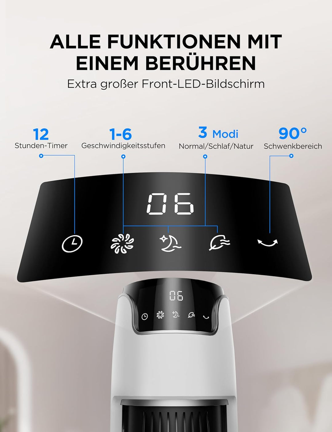Midea FZ10-16AR Turmventilator mit Fernbedienung 110 cm,Standventilator mit Oszilation 60°,6 Geschwi