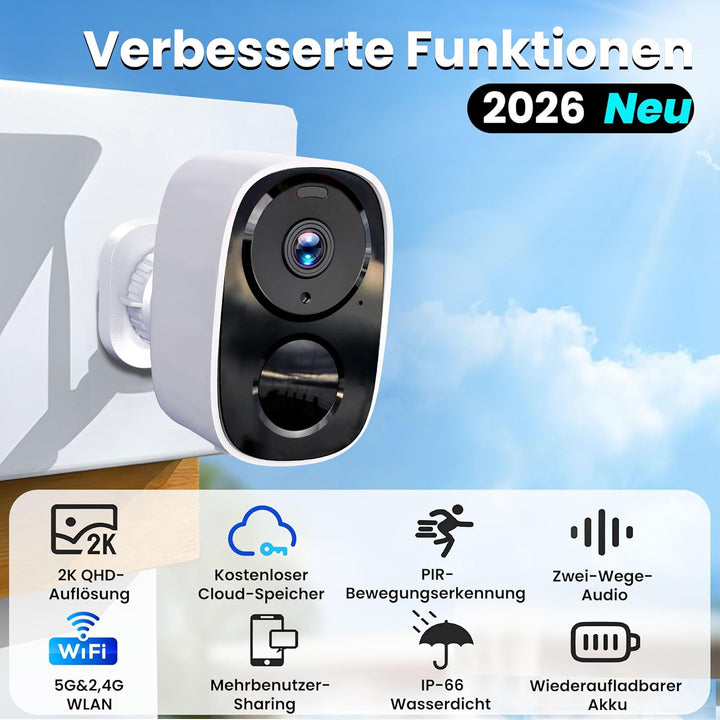 HITELLARCAM 2K Überwachungskamera Aussen Akku, 2.4/5GHz Dual-Band WLAN Kamera Set mit Kostenlosem Cl