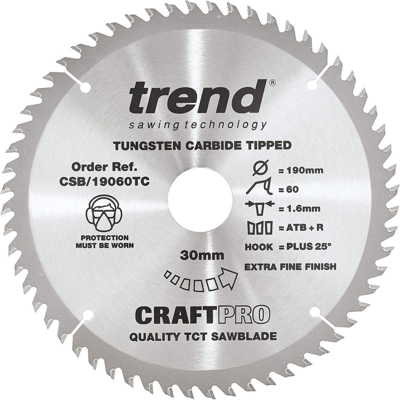 Trend CraftPro Dünnschnitt-TCT-Kreissägeblatt, 190mm Durchmesser x 60 Zähne x 30mm Bohrung, Hartmeta