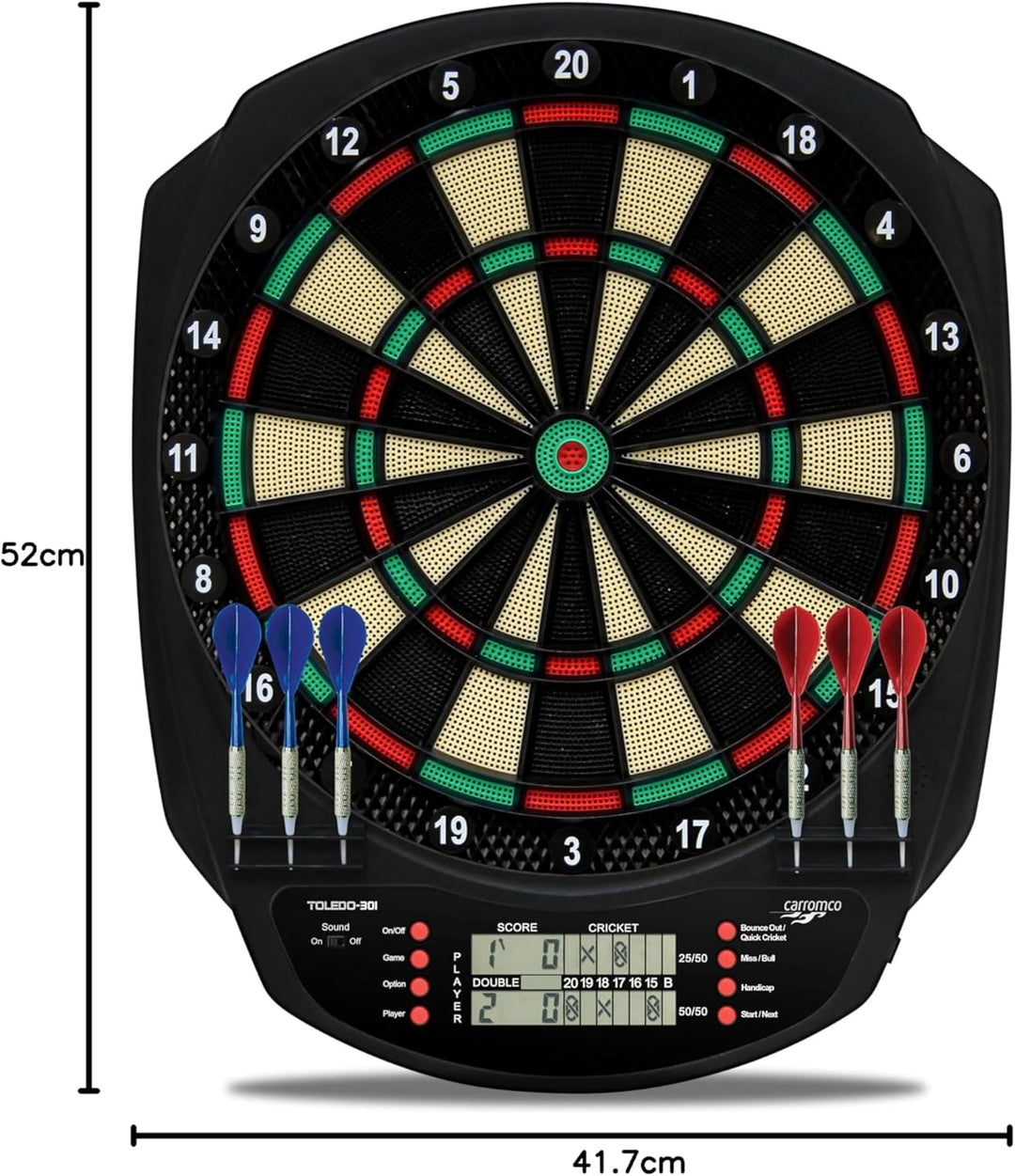 Carromco TOLEDO-301 elektronisches Dartboard – Dartscheibe mit LCD Display, 3-Loch Abstand, Dart Set