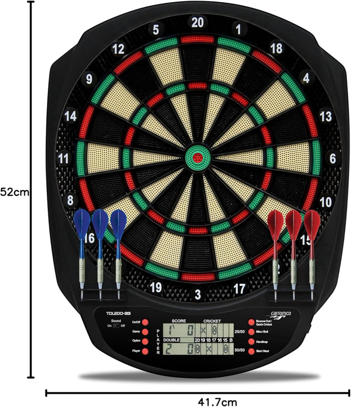 Carromco TOLEDO-301 elektronisches Dartboard – Dartscheibe mit LCD Display, 3-Loch Abstand, Dart Set