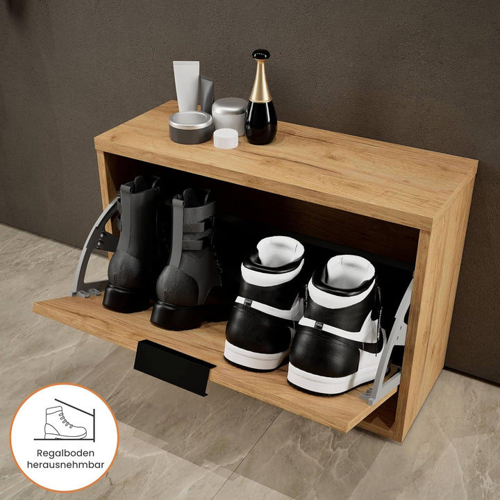 Planetmöbel Schuhschrank schmal mit 1 Klappe platzsparender Schuhregal mit 2 Ablagen, Schuhkommode f